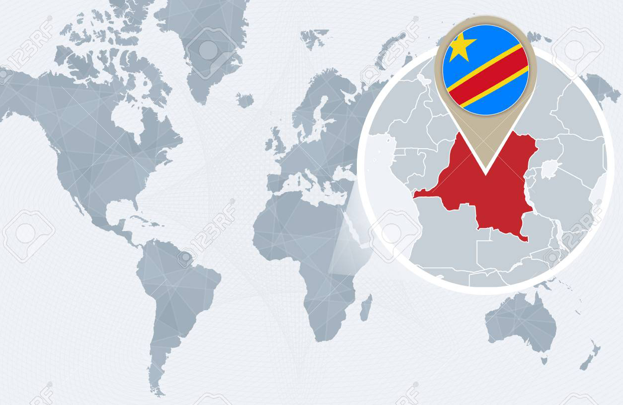 Abstract blue world map with magnified Democratic Republic of the Congo. DRC flag and map. Vector Illustration.